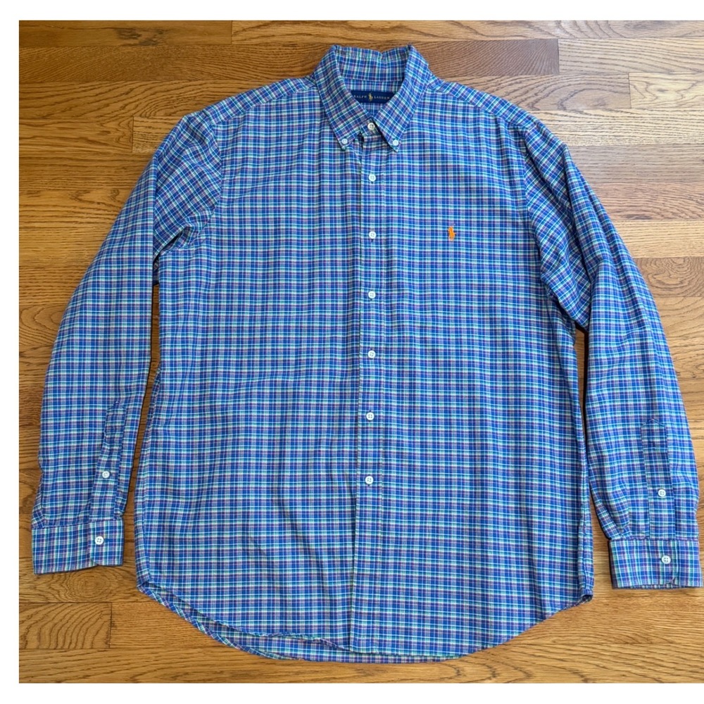 Ralph Lauren Mens XL Blue Green Orange Plaid Button Down Cotton Sleeve Shirt